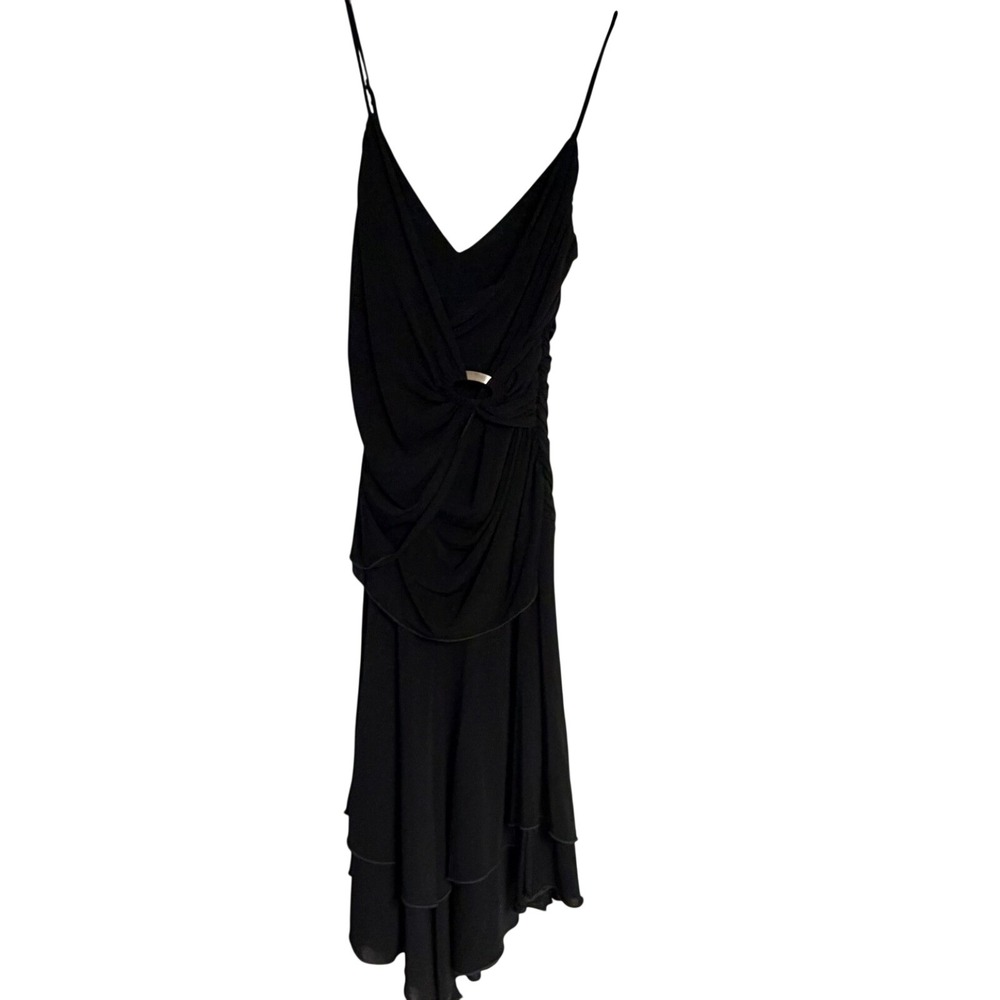 Bebe Black Ruched Cocktail Dress V-Neck Asymmetrical Hem Small 16338-CC44